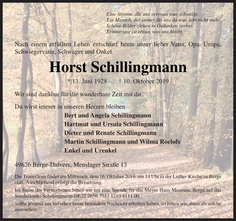  Traueranzeige für Horst Schillingmann vom 12.10.2019 aus Neue Osnabrücker Zeitung GmbH & Co. KG