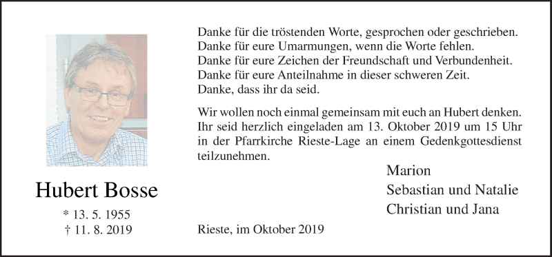  Traueranzeige für Hubert Bosse vom 05.10.2019 aus Neue Osnabrücker Zeitung GmbH & Co. KG