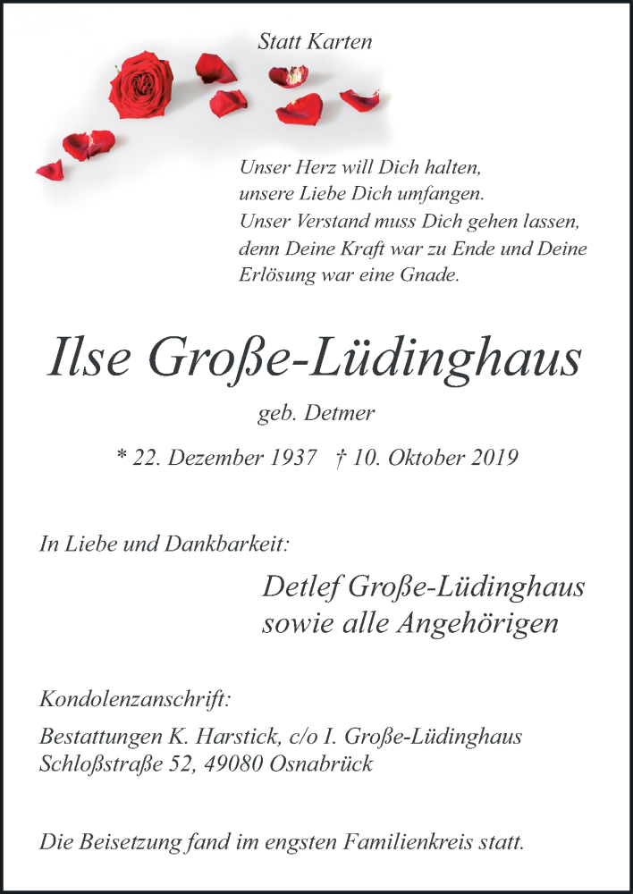  Traueranzeige für Ilse Große-Lüdinghaus vom 30.10.2019 aus Neue Osnabrücker Zeitung GmbH & Co. KG