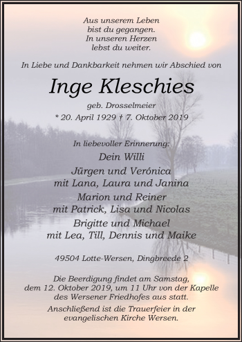 Traueranzeige von Inge Kleschies von Neue Osnabrücker Zeitung GmbH & Co. KG