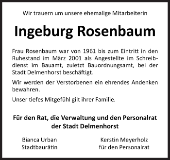Traueranzeige von Ingeburg Rosenbaum von Neue Osnabrücker Zeitung GmbH & Co. KG