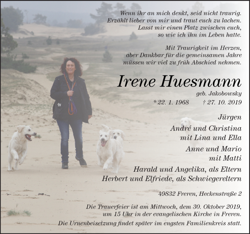  Traueranzeige für Irene Huesmann vom 29.10.2019 aus Neue Osnabrücker Zeitung GmbH & Co. KG