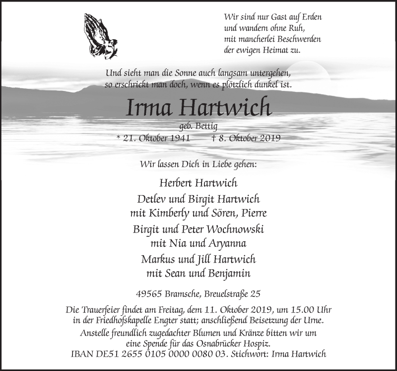  Traueranzeige für Irma Hartwich vom 09.10.2019 aus Neue Osnabrücker Zeitung GmbH & Co. KG