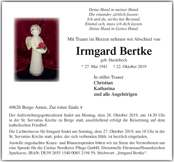 Traueranzeige von Irmgard Bertke von Neue Osnabrücker Zeitung GmbH & Co. KG