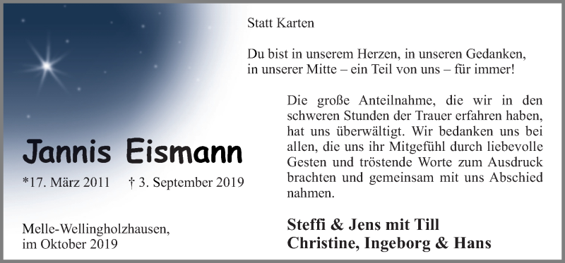  Traueranzeige für Jannis Eismann vom 26.10.2019 aus Neue Osnabrücker Zeitung GmbH & Co. KG