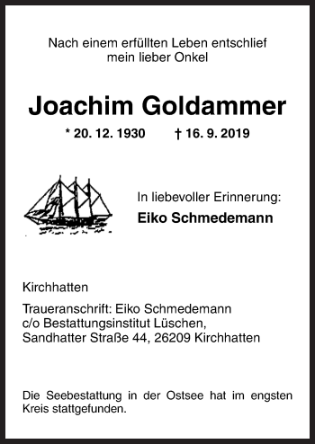 Traueranzeige von Joachim Goldammer von Neue Osnabrücker Zeitung GmbH & Co. KG