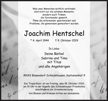 Traueranzeige von Joachim Hentschel von Neue Osnabrücker Zeitung GmbH & Co. KG