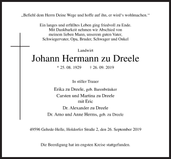 Traueranzeige von Johann Hermann zu Dreele von Neue Osnabrücker Zeitung GmbH & Co. KG