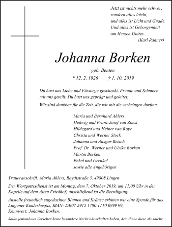 Traueranzeige von Johanna Borken von Neue Osnabrücker Zeitung GmbH & Co. KG