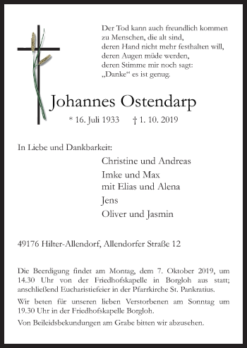 Traueranzeige von Johannes Ostendarp von Neue Osnabrücker Zeitung GmbH & Co. KG
