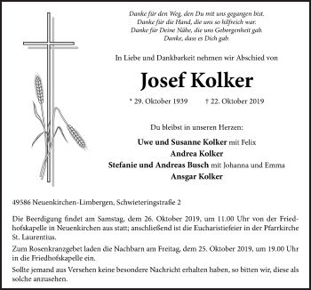 Traueranzeige von Josef Kolker von Neue Osnabrücker Zeitung GmbH & Co. KG