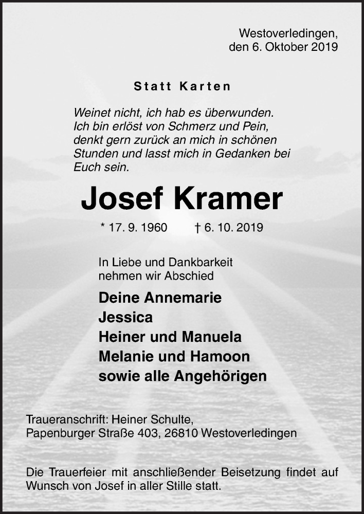  Traueranzeige für Josef Kramer vom 09.10.2019 aus Neue Osnabrücker Zeitung GmbH & Co. KG