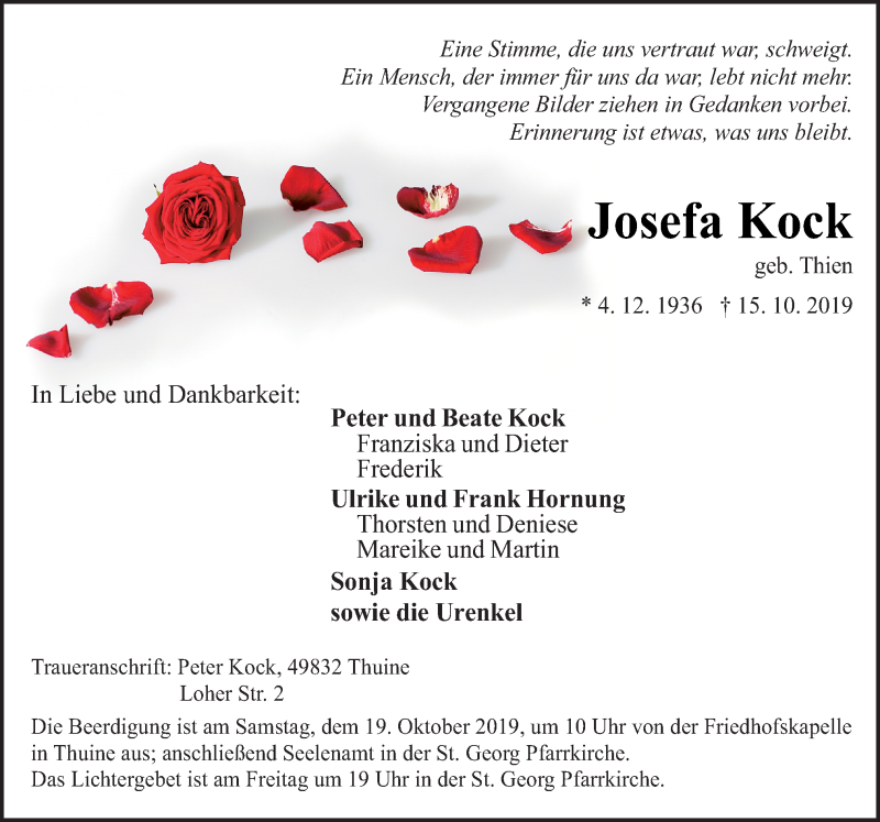  Traueranzeige für Josefa Kock vom 17.10.2019 aus Neue Osnabrücker Zeitung GmbH & Co. KG