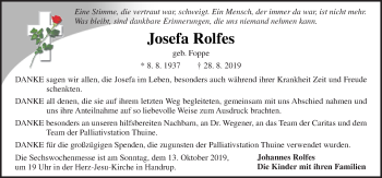 Traueranzeige von Josefa Rolfes von Neue Osnabrücker Zeitung GmbH & Co. KG