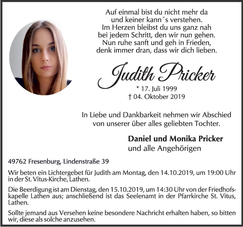  Traueranzeige für Judith Pricker vom 11.10.2019 aus Neue Osnabrücker Zeitung GmbH & Co. KG