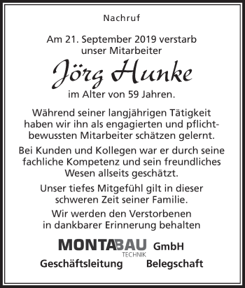 Traueranzeige von Jörg Hunke von Neue Osnabrücker Zeitung GmbH & Co. KG