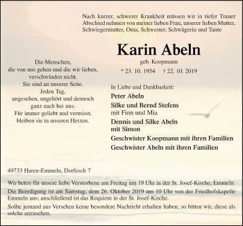 Traueranzeige von Karin Abeln von Neue Osnabrücker Zeitung GmbH & Co. KG