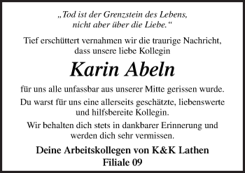 Traueranzeige von Karin Abeln von Neue Osnabrücker Zeitung GmbH & Co. KG