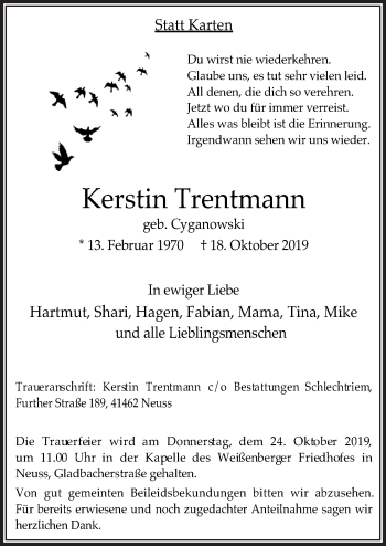 Traueranzeige von Kerstin Trentmann von Neue Osnabrücker Zeitung GmbH & Co. KG
