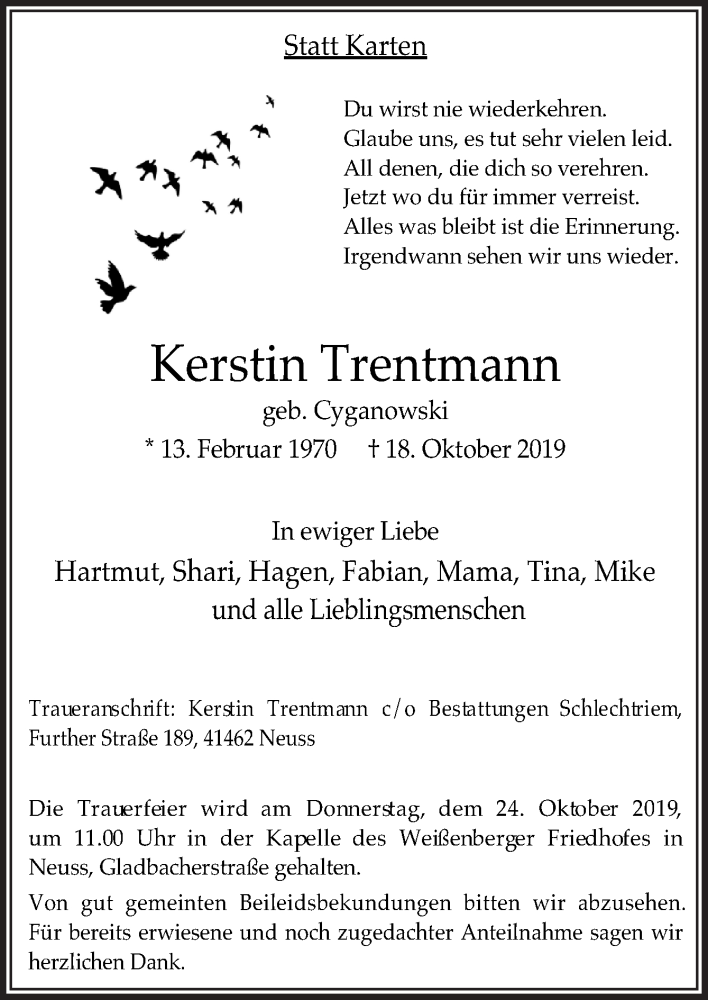  Traueranzeige für Kerstin Trentmann vom 22.10.2019 aus Neue Osnabrücker Zeitung GmbH & Co. KG