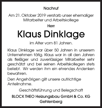 Traueranzeige von Klaus Dinklage von Neue Osnabrücker Zeitung GmbH & Co. KG