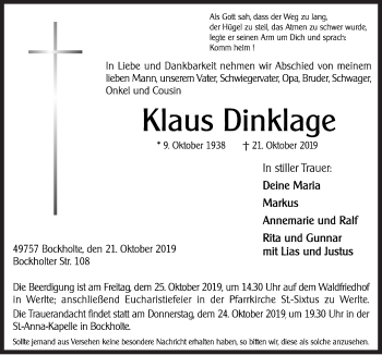 Traueranzeige von Klaus Dinklage von Neue Osnabrücker Zeitung GmbH & Co. KG