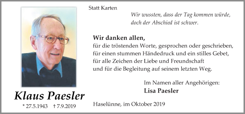  Traueranzeige für Klaus Paesler vom 12.10.2019 aus Neue Osnabrücker Zeitung GmbH & Co. KG