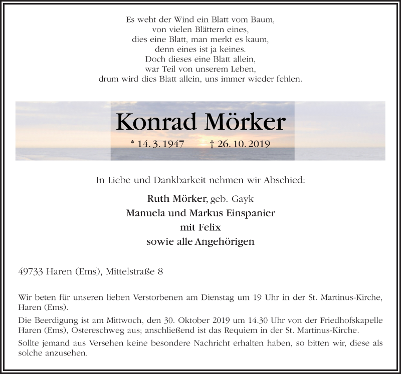  Traueranzeige für Konrad Mörker vom 28.10.2019 aus Neue Osnabrücker Zeitung GmbH & Co. KG