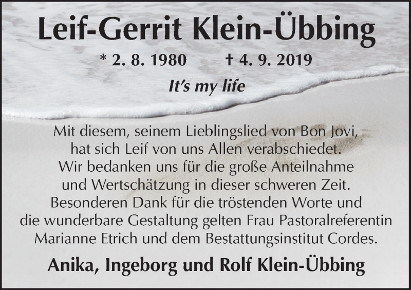  Traueranzeige für Leif-Gerrit Klein-Übbing vom 05.10.2019 aus Neue Osnabrücker Zeitung GmbH & Co. KG