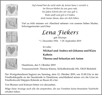 Traueranzeige von Lena Kiekers von Neue Osnabrücker Zeitung GmbH & Co. KG