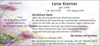 Traueranzeige von Lene Kremer von Neue Osnabrücker Zeitung GmbH & Co. KG