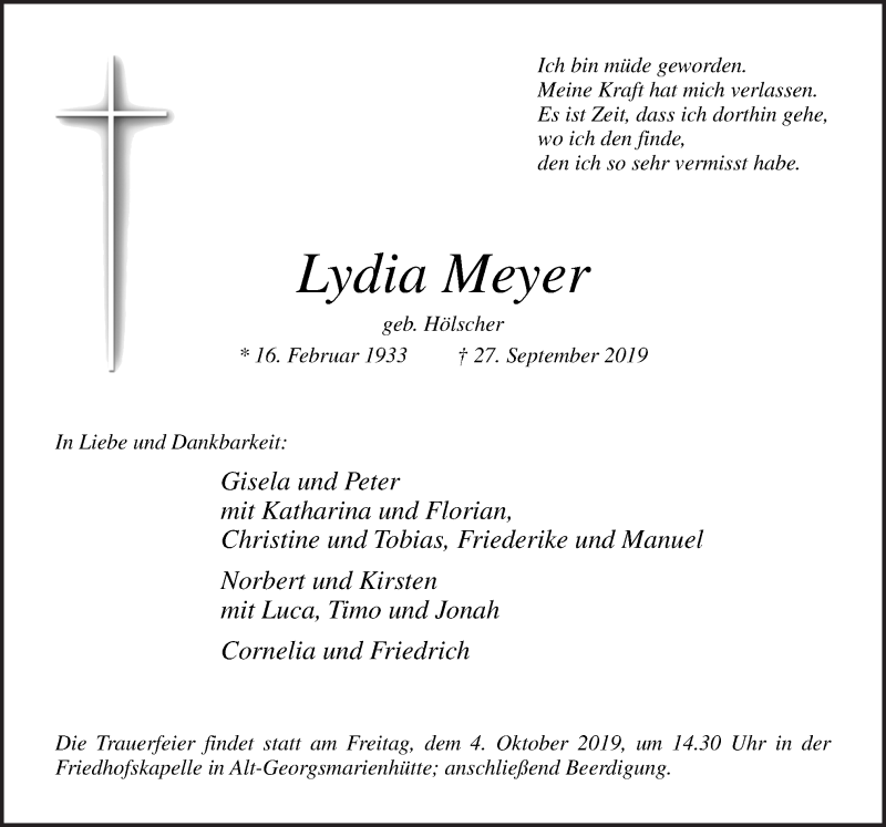  Traueranzeige für Lydia Meyer vom 01.10.2019 aus Neue Osnabrücker Zeitung GmbH & Co. KG