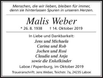 Traueranzeige von Malis Weber von Neue Osnabrücker Zeitung GmbH & Co. KG