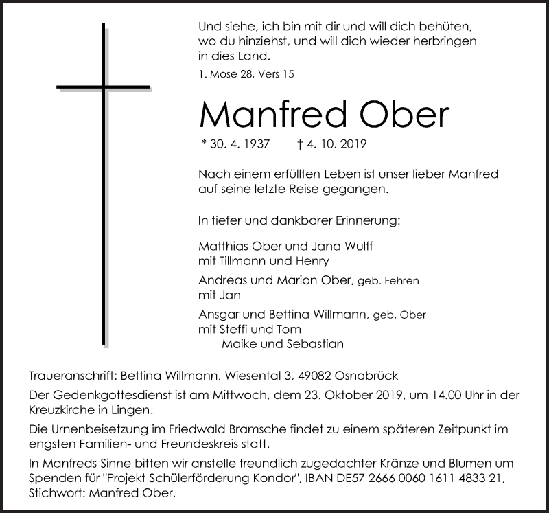  Traueranzeige für Manfred Ober vom 12.10.2019 aus Neue Osnabrücker Zeitung GmbH & Co. KG