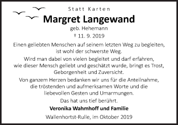 Traueranzeige von Margret Langewand von Neue Osnabrücker Zeitung GmbH & Co. KG