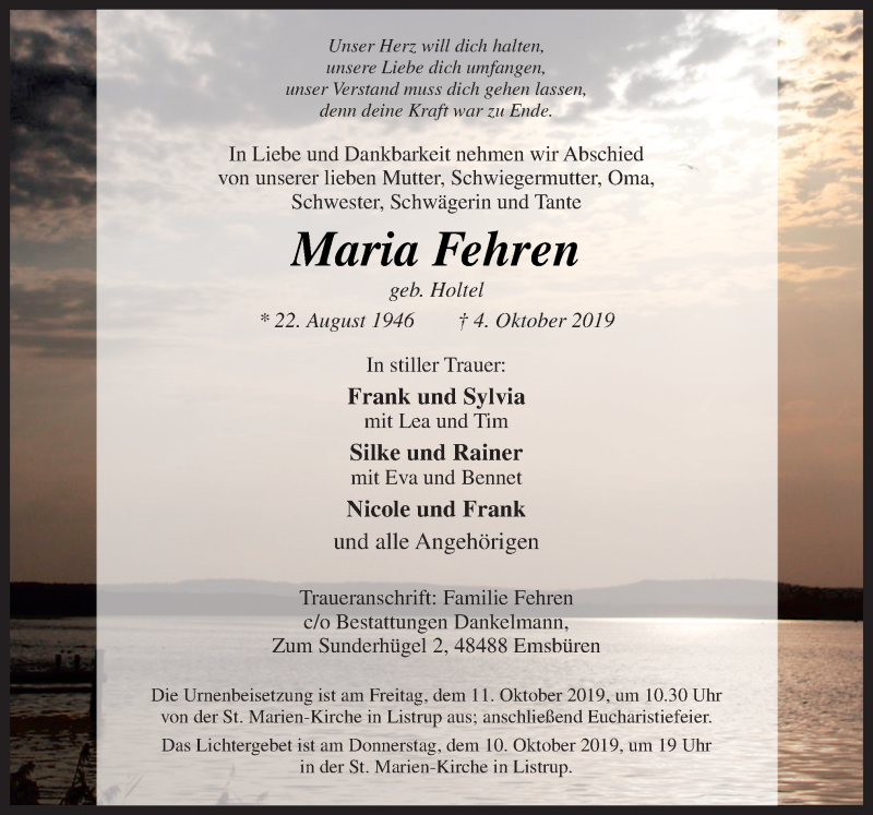  Traueranzeige für Maria Fehren vom 08.10.2019 aus Neue Osnabrücker Zeitung GmbH & Co. KG