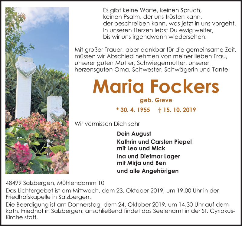  Traueranzeige für Maria Fockers vom 21.10.2019 aus Neue Osnabrücker Zeitung GmbH & Co. KG