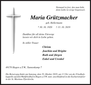 Traueranzeige von Maria Grützmacher von Neue Osnabrücker Zeitung GmbH & Co. KG