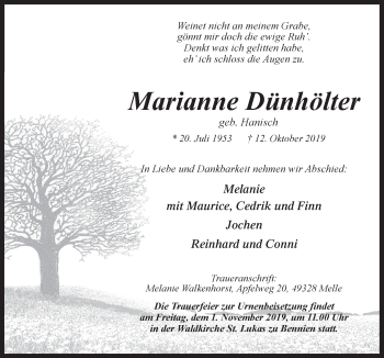 Traueranzeige von Marianne Dünhölter von Neue Osnabrücker Zeitung GmbH & Co. KG