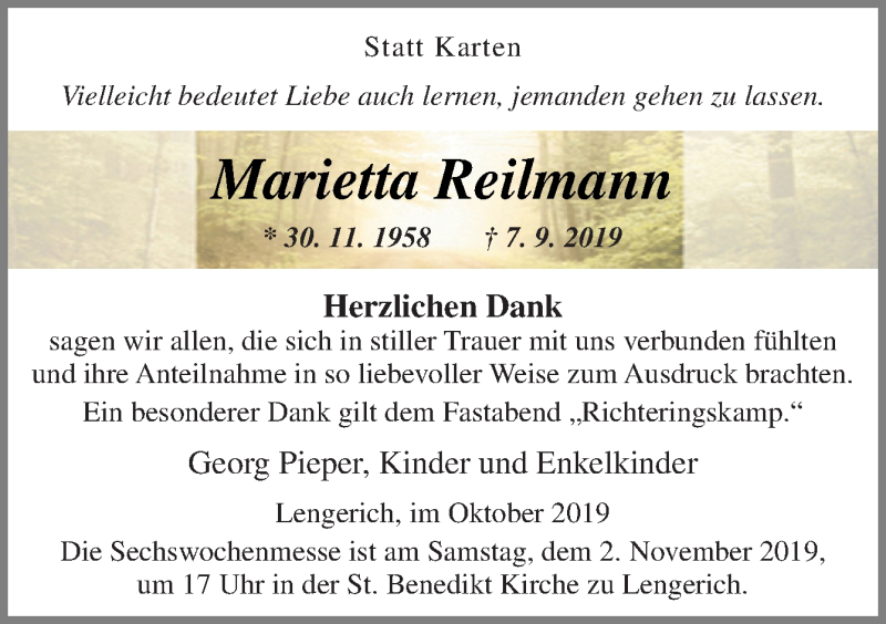  Traueranzeige für Marietta Reilmann vom 30.10.2019 aus Neue Osnabrücker Zeitung GmbH & Co. KG