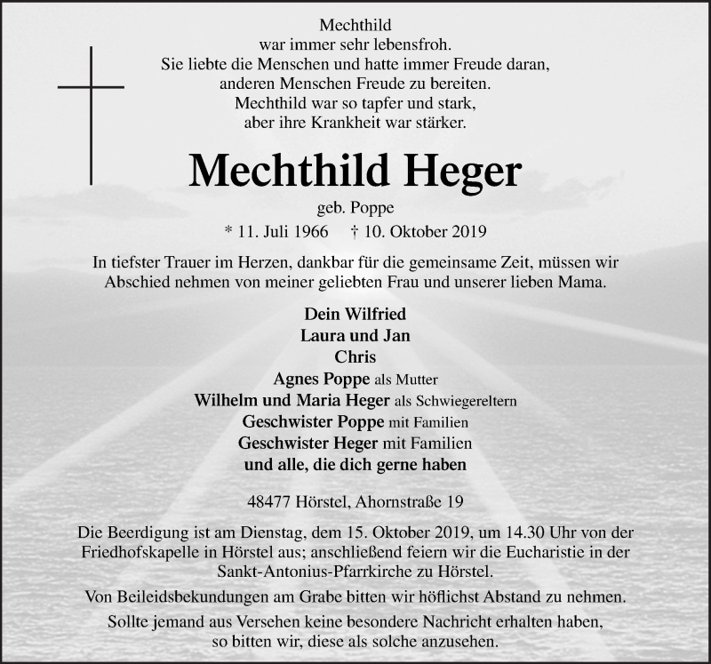  Traueranzeige für Mechthild Heger vom 12.10.2019 aus Neue Osnabrücker Zeitung GmbH & Co. KG