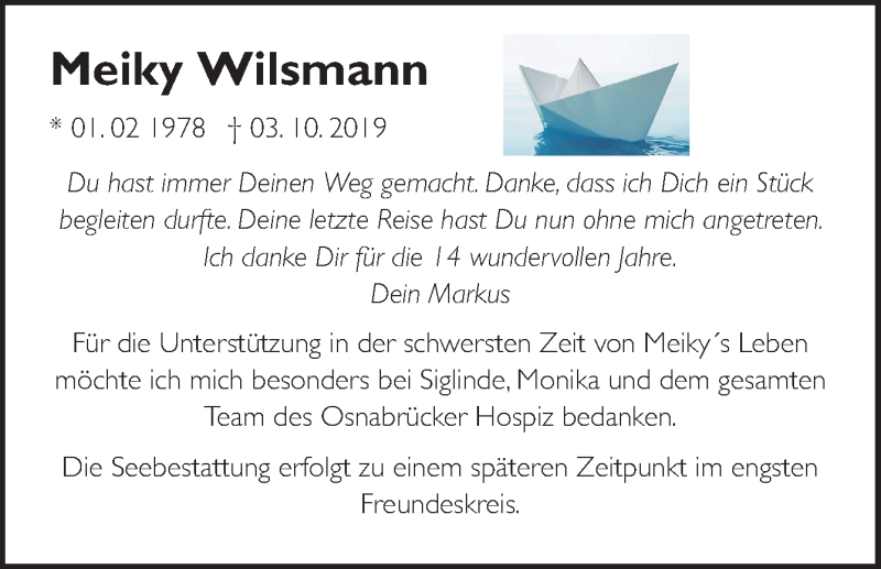  Traueranzeige für Meiky Wilsmann vom 12.10.2019 aus Neue Osnabrücker Zeitung GmbH & Co. KG