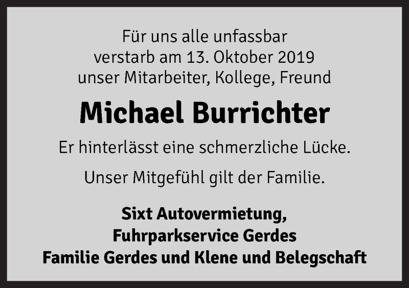  Traueranzeige für Michael Burrichter vom 16.10.2019 aus Neue Osnabrücker Zeitung GmbH & Co. KG