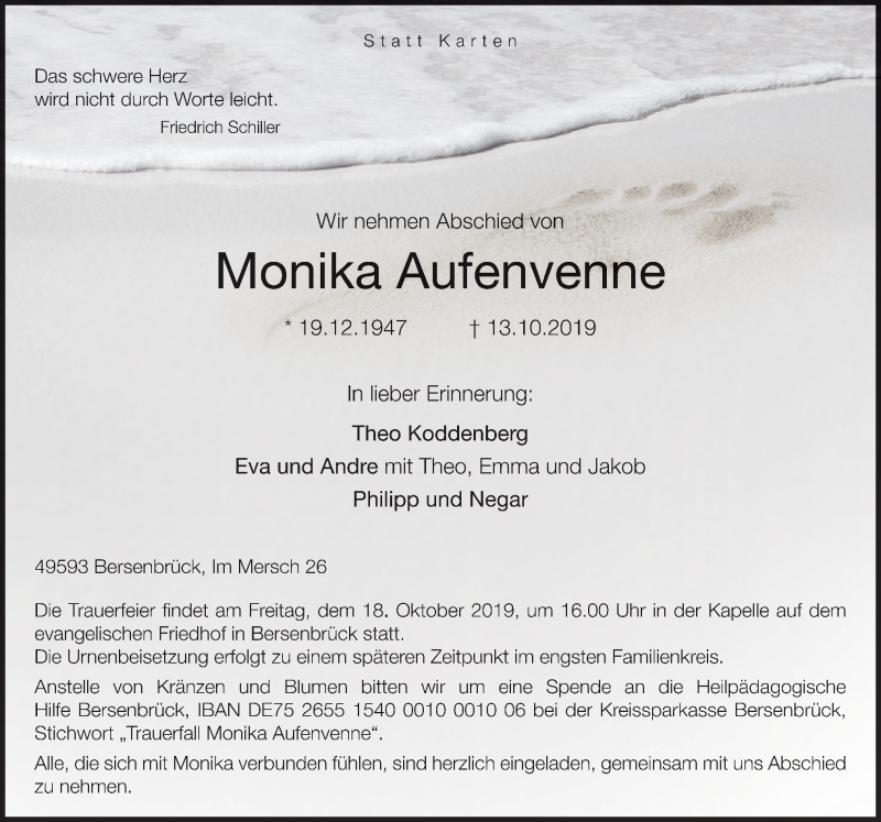  Traueranzeige für Monika Aufenvenne vom 16.10.2019 aus Neue Osnabrücker Zeitung GmbH & Co. KG