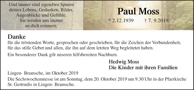  Traueranzeige für Paul Moss vom 16.10.2019 aus Neue Osnabrücker Zeitung GmbH & Co. KG