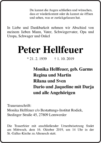 Traueranzeige von Peter Hellfeuer von Neue Osnabrücker Zeitung GmbH & Co. KG