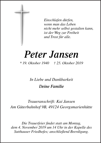 Traueranzeige von Peter Jansen von Neue Osnabrücker Zeitung GmbH & Co. KG