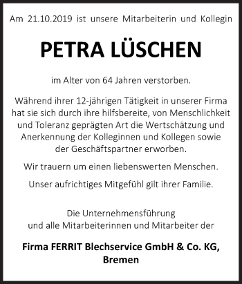 Traueranzeige von Petra Lüschen von Neue Osnabrücker Zeitung GmbH & Co. KG