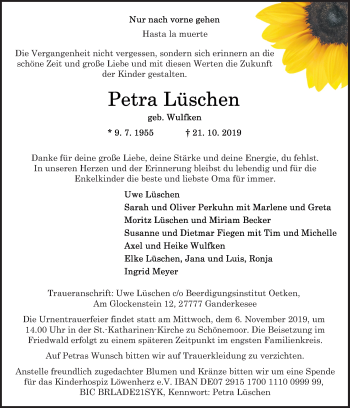 Traueranzeige von Petra Lüschen von Neue Osnabrücker Zeitung GmbH & Co. KG