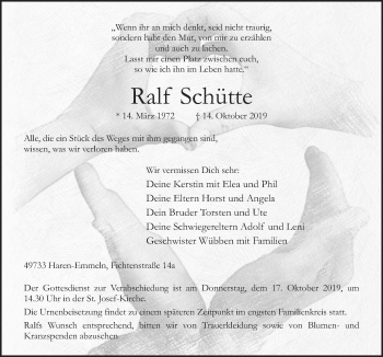 Traueranzeige von Ralf Schütte von Neue Osnabrücker Zeitung GmbH & Co. KG